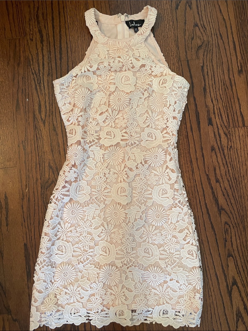 Lulu's Blush Cream Floral Lace Halter Mini Dress
